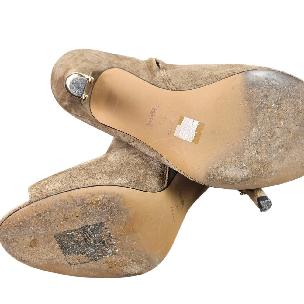 COACH Suede Peep Toe Ankle Booties‎ Taupe Gold Accent Heel Zip Size 8.5B